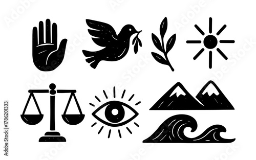 Bold black icons: peace, nature, justice, and harmony