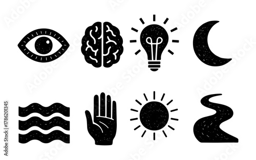 Set of grunge style icons: eye, brain, lightbulb, moon, waves, hand, sun, path