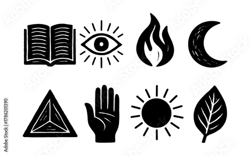 Mystical hand drawn symbols collection: eye, fire, moon, and more