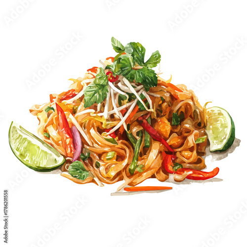 Pad Thai, watercolor painting, vector illustration, isolated on a white background.