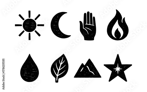 Rustic style icons of nature elements with distressed texture