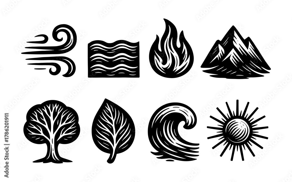 Fototapeta premium Set of hand-drawn element icons: wind, fire, water, earth