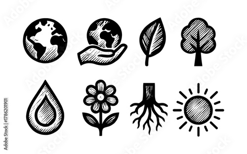 Hand-drawn earth and nature icons: eco-friendly designs with trees, flowers, and sun