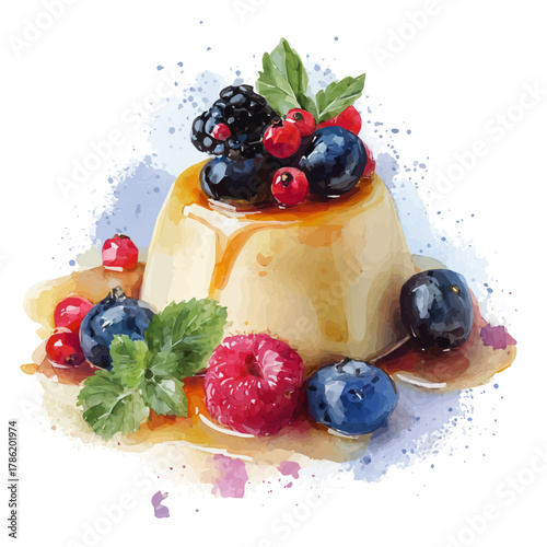 Panna Cotta in watercolor style, vector illustration, isolated on white background.