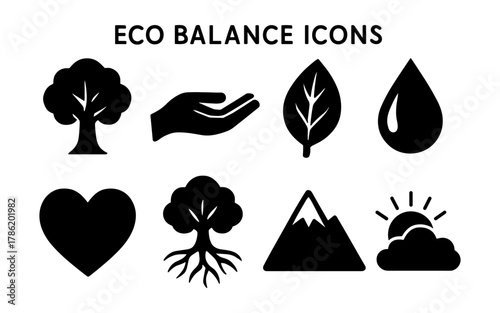 Eco balance icons: nature, sustainability, and conservation symbols in silhouette
