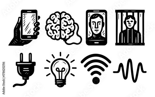 Hand drawn technology and communication icons with brain and face elements