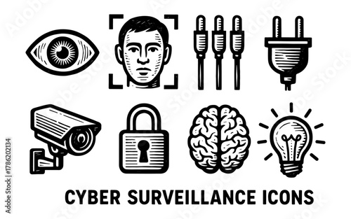 Cyber security and surveillance icon set in detailed monochrome style
