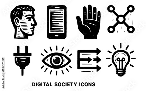 Digital society symbols: hand-drawn icons of technology and communication