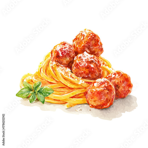 Watercolor vector illustration of Meatballs And Spaghetti, isolated on white background.