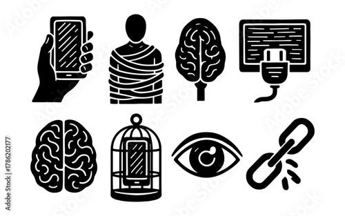 Digital dependency icons highlighting technology addiction and mental health awareness