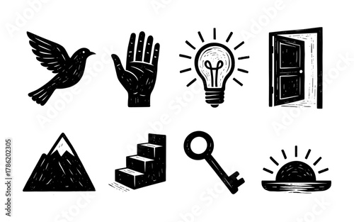 Rustic icons: hand drawn symbols of ideas, opportunity, and adventure