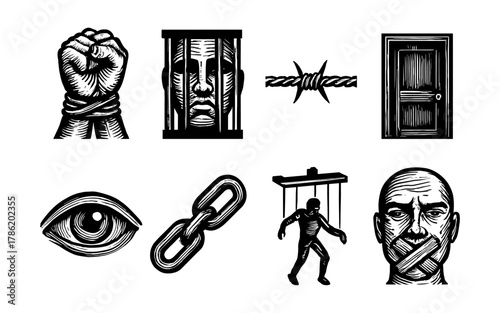 Set of black and white symbols representing restriction and control themes