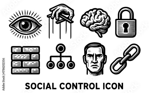 Social control icons: eye, puppet hand, brain, lock, wall, diagram, face, chain