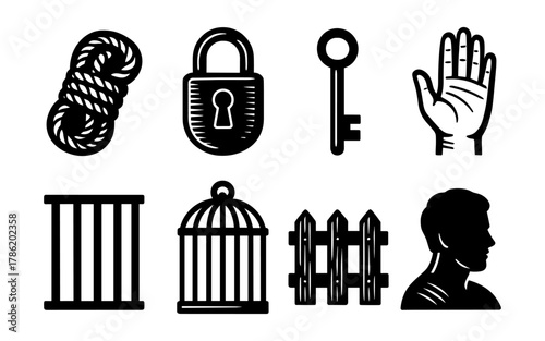 Stylized prison concept set with lock, key, bars, and human elements