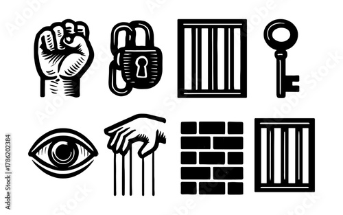 Prison symbols collection: locks, bars, and hands in retro black style
