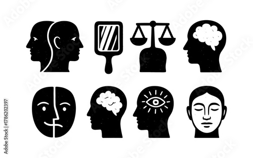 Psychology symbols set: faces, brain, and balance icons in silhouette style