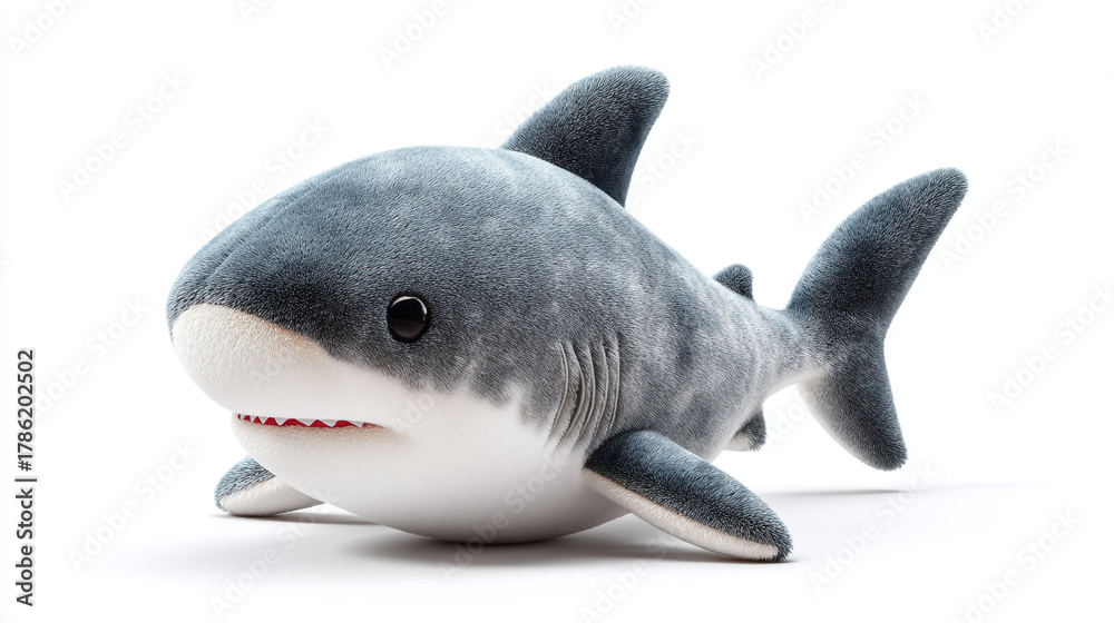 Fototapeta premium A plush shark toy with gray and white coloring on a plain white background space