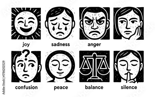 Expressive faces icon set: joy, sadness, anger, and more