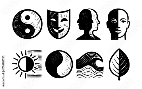 Monochrome symbols: yin yang, theater masks, duality, nature elements