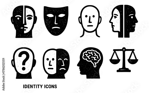 Abstract identity icons set featuring masks and profiles with balance scales in black and white