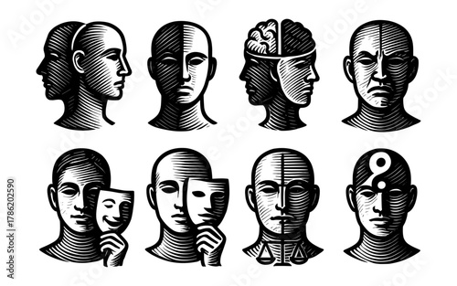 Psychological concepts depicted in engraved style: masks, emotions, and minds