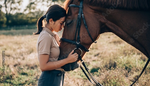 Serene side-profile shot of a young female rider in casual equestrian attire, hugging her brown horse on a sunlit meadow, showing trust and the close human-animal relationship
