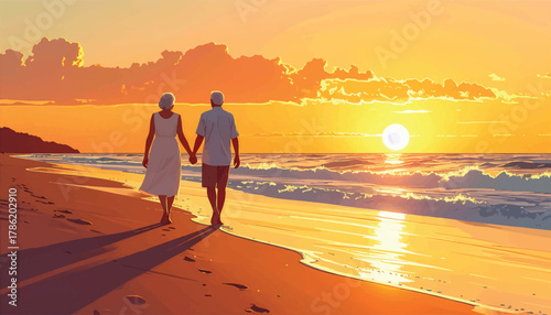 Senior couple strolling along the beach at sunset, hand-in-hand. Walking at sunset on the beach with an elderly couple. Peaceful beach walk for a senior couple at sunset