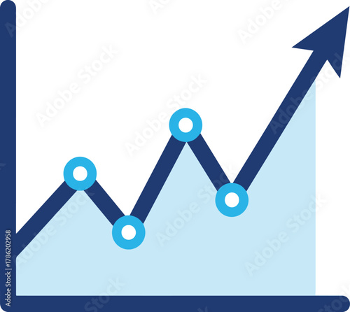 A flat vector line graph showing a fluctuating but overall upward trend, culminating in a large arrow, depicted in shades of blue.