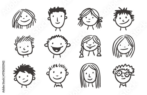Collection of Hand-Drawn Children's Faces Emotions and Doodles