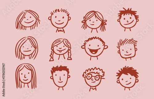 Collection of Hand-Drawn Children's Faces Emotions and Doodles
