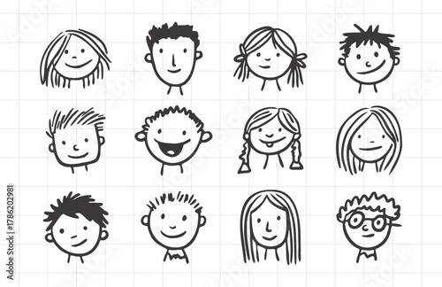 Collection of Hand-Drawn Children's Faces Emotions and Doodles