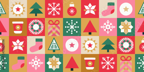 Retro christmas pattern with trees snowflakes stars and gifts in a geometric style