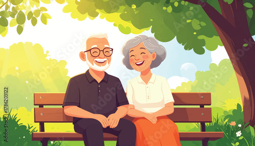 Senior couple sitting together on a park bench, enjoying the sun. Elderly couple enjoying a peaceful moment on a park bench. Senior love: couple smiling and sitting on a park bench
