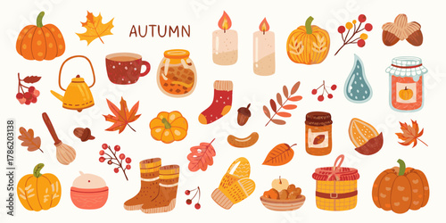 Cozy autumn collection of fall harvest symbols and seasonal decorations