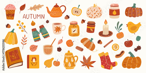 Cozy autumn elements collection featuring pumpkins leaves mugs and seasonal treats