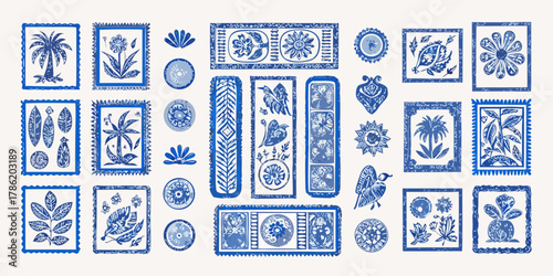 Collection of blue and white decorative elements featuring tropical plants birds and floral motifs