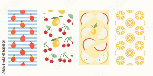 Four seamless fruit patterns featuring cherries lemons apples and oranges in a playful flat design style
