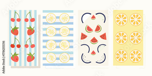 A vibrant collection of four illustrated panels featuring stylized fruits like strawberries cherries citrus and watermelon slices