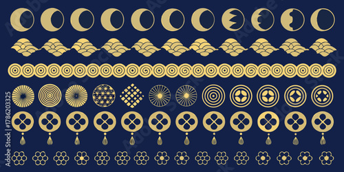 Collection of traditional japanese decorative elements and patterns in gold on a dark blue background