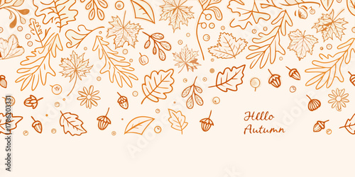Delicate hand drawn autumn leaves and acorns border with hello autumn text