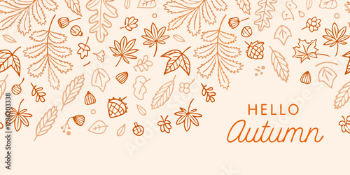 Hello autumn greeting with a border of stylized fall leaves and acorns in warm earthy tones