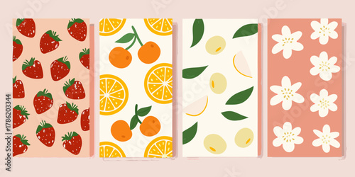 Vibrant collection of four illustrated fruit and flower panels with a whimsical style