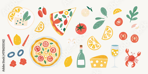 A vibrant flat illustration of italian food and ingredients with pizza lemons tomatoes cheese and wine