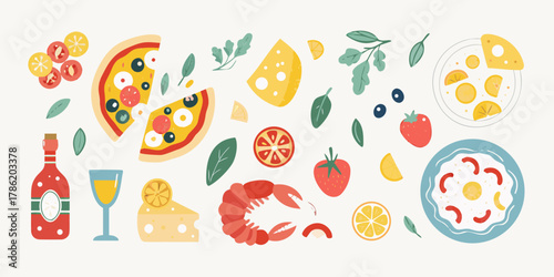 A vibrant flat illustration of italian food and ingredients including pizza cheese seafood fruits and wine