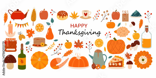 Happy thanksgiving greeting banner with autumn harvest food and decorations