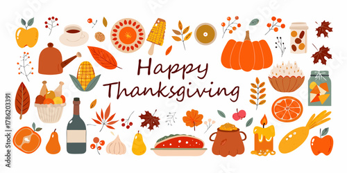 Happy thanksgiving greeting with autumn harvest elements and festive decorations