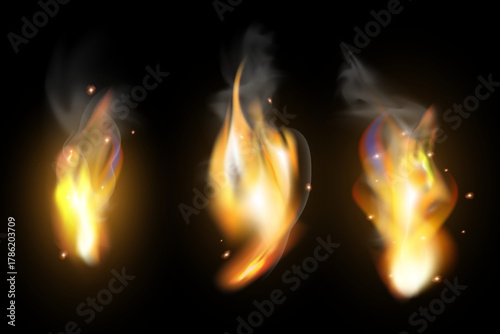 Realistic flame with glow effect, bright fire, transparency effect, vector illustration.