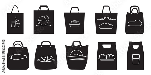Food Delivery Bag Icon Set – Paper Bag Vector Illustration. Packaging Icon Collection.