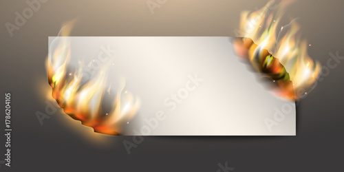 Realistic burning paper with vibrant flames and glowing edges. Perfect for design templates, posters, or fire-themed concepts.
