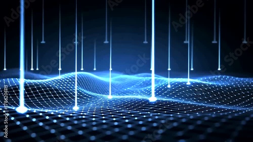A digital art piece featuring blue light beams descending onto a wireframe mesh structure